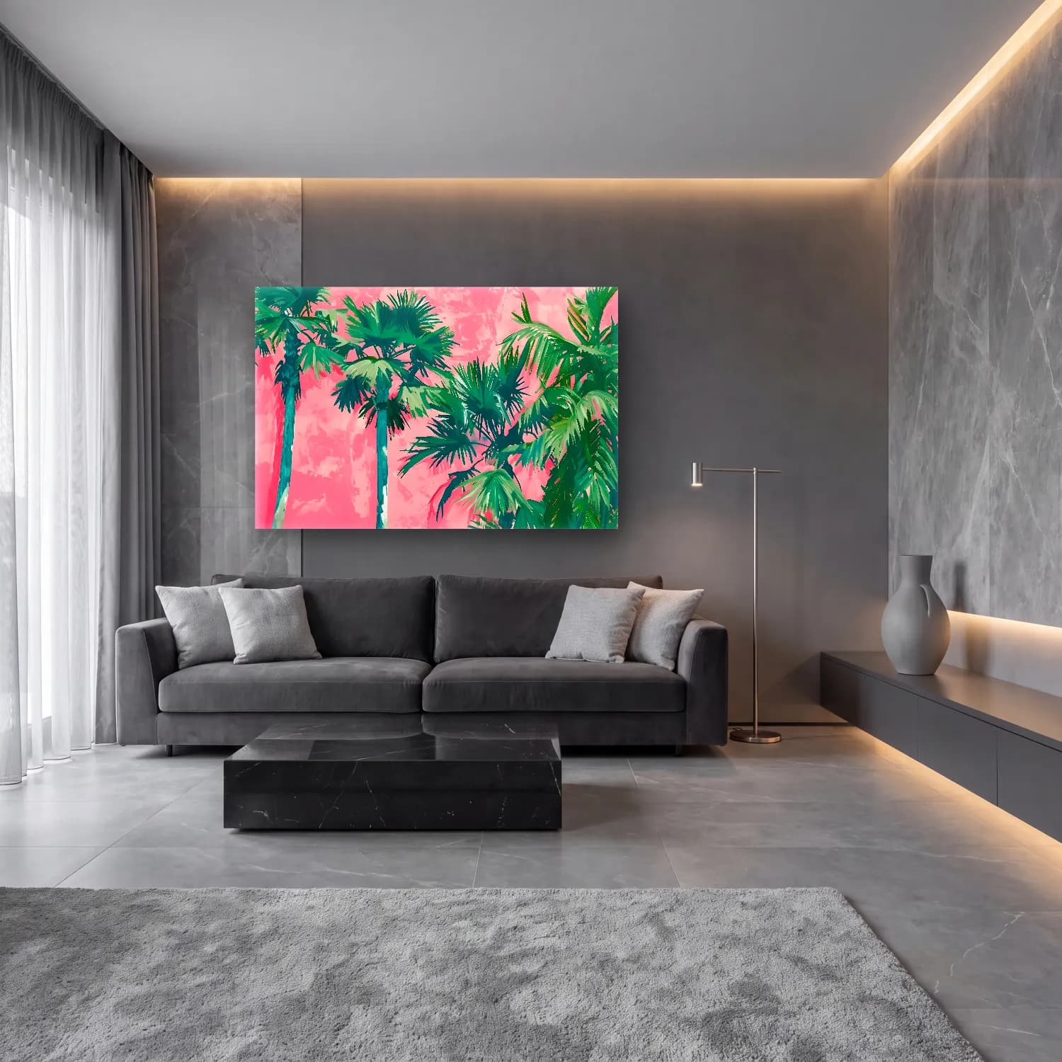 Pastel Palmiyeli Tropik Sahil No. 38 cam tablo — lüks salon duvarında