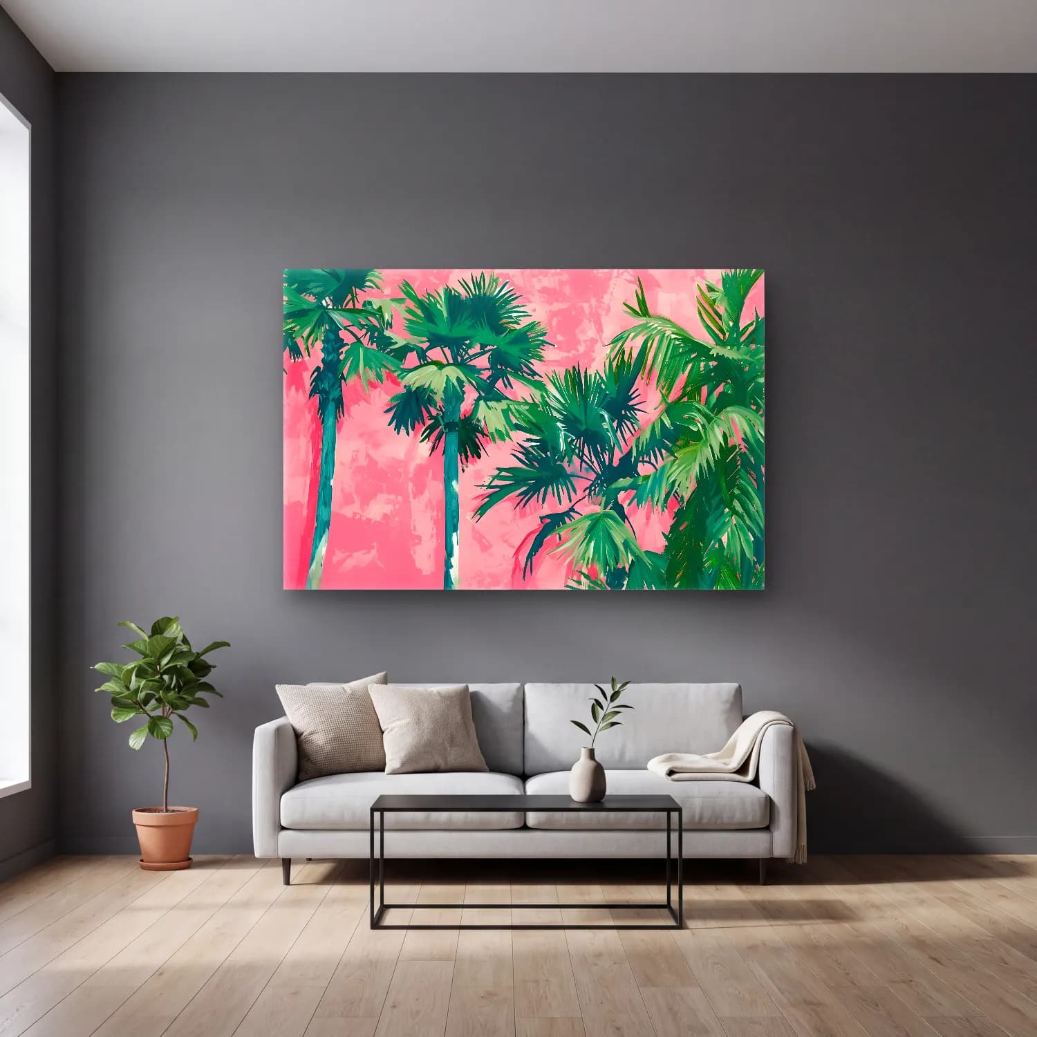 Pastel Palmiyeli Tropik Sahil No. 38 cam tablo — gri duvarlı salonda