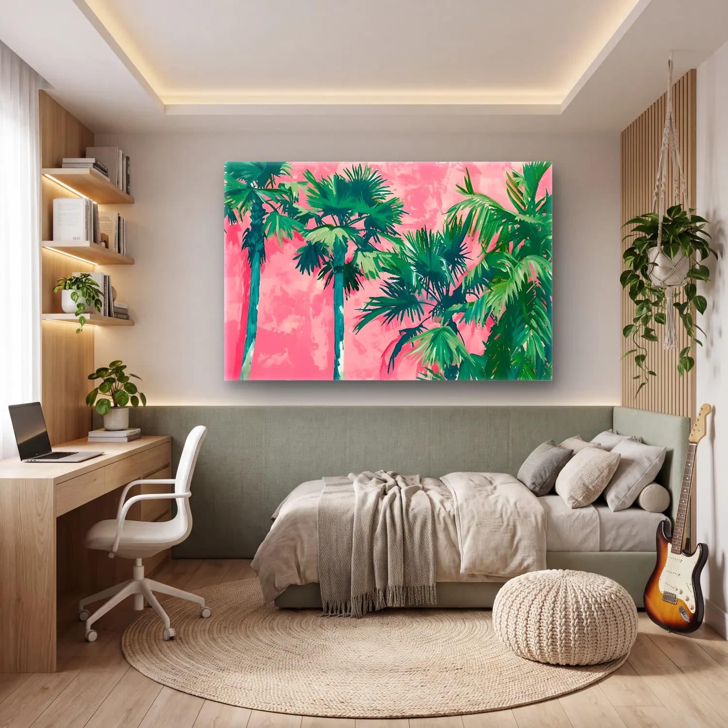 Pastel Palmiyeli Tropik Sahil No. 38 cam tablo — genç odasında