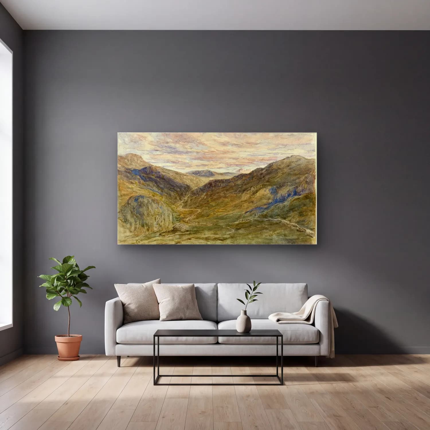 David Cox – View in Wales cam tablo — gri duvarlı salonda