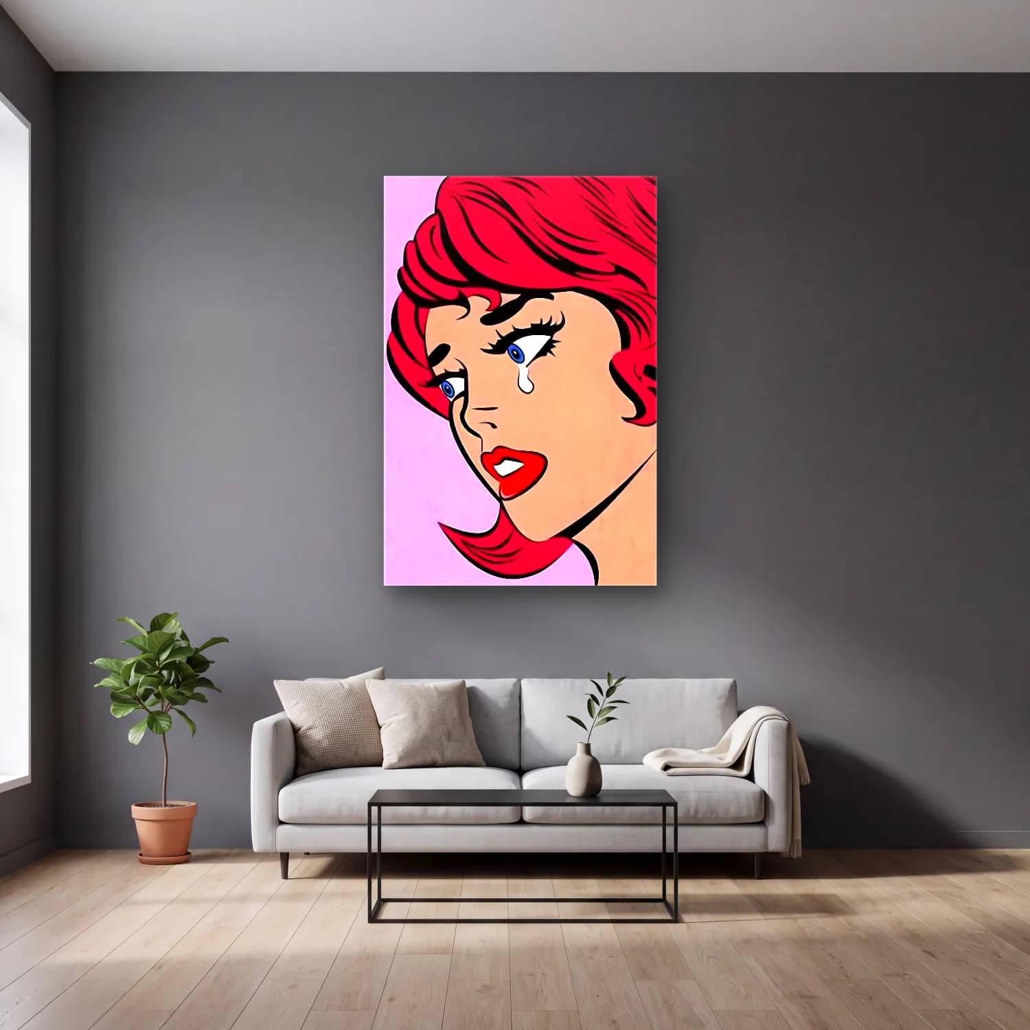 Pop Art Moda İllüstrasyonu No. 35 cam tablo — gri duvarlı salonda