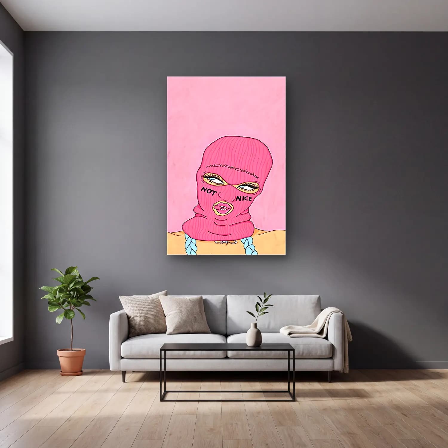 Pastel Şapkalı Kadın No. 9 cam tablo — gri duvarlı salonda
