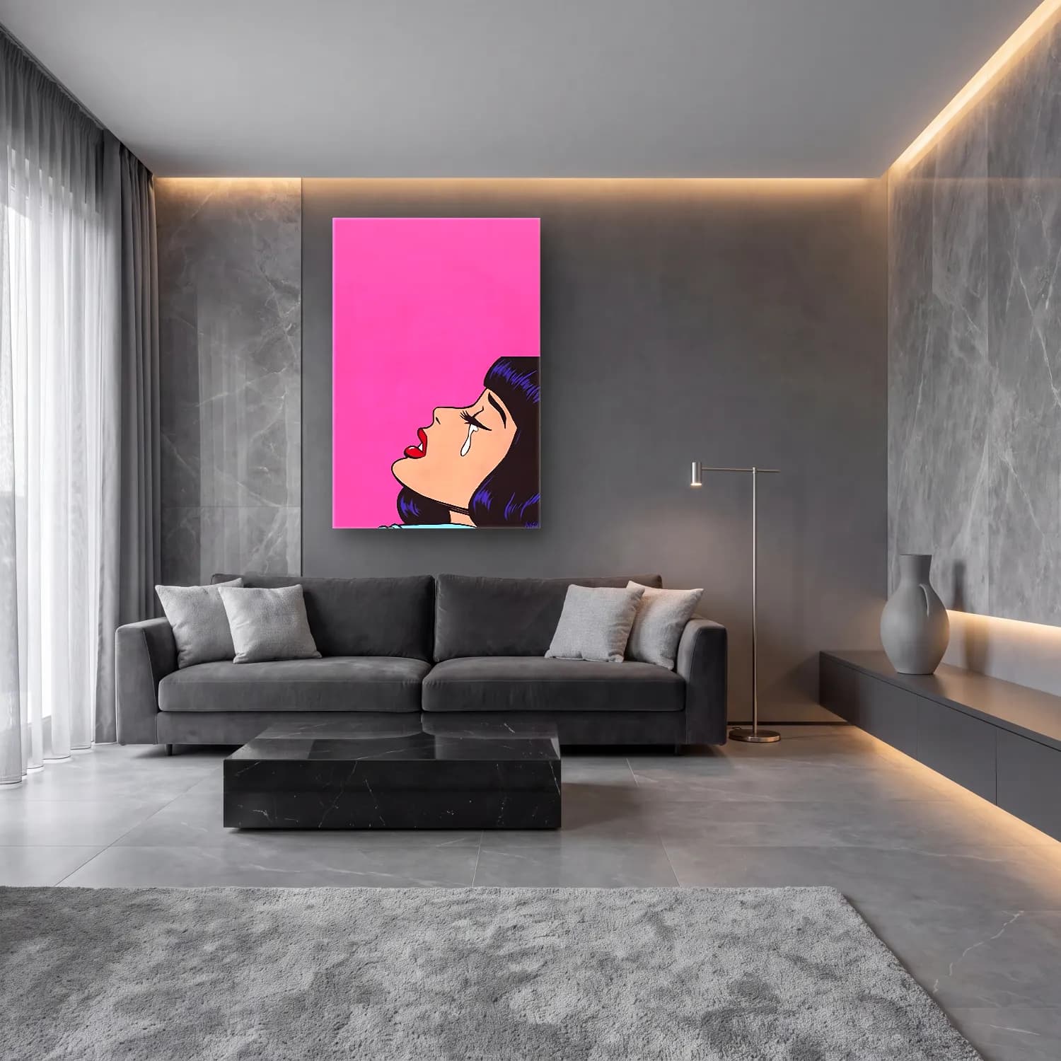 Pop Art Kadın Portresi No. 28 cam tablo — lüks salon duvarında