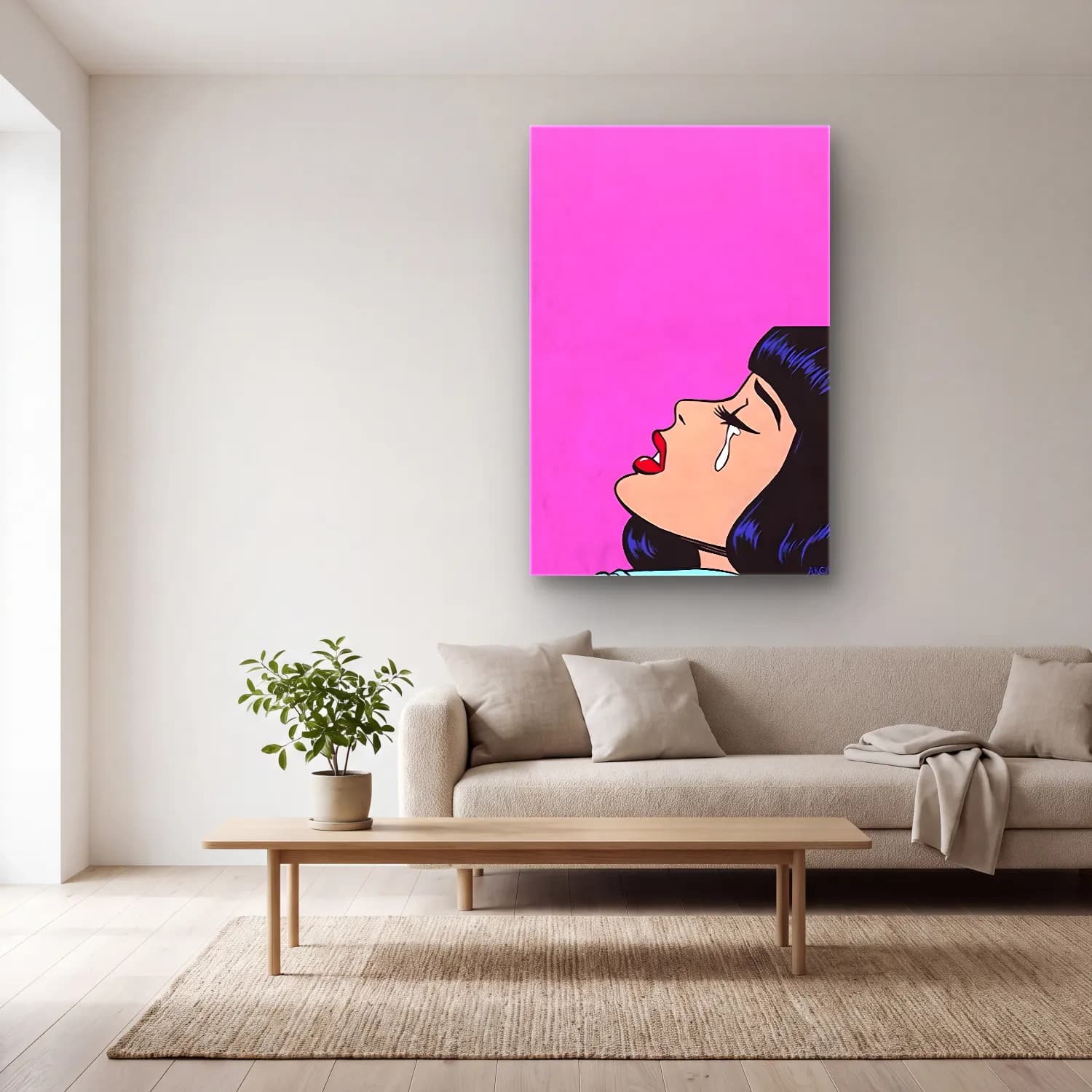 Pop Art Kadın Portresi No. 28 cam tablo — açık renk salonda