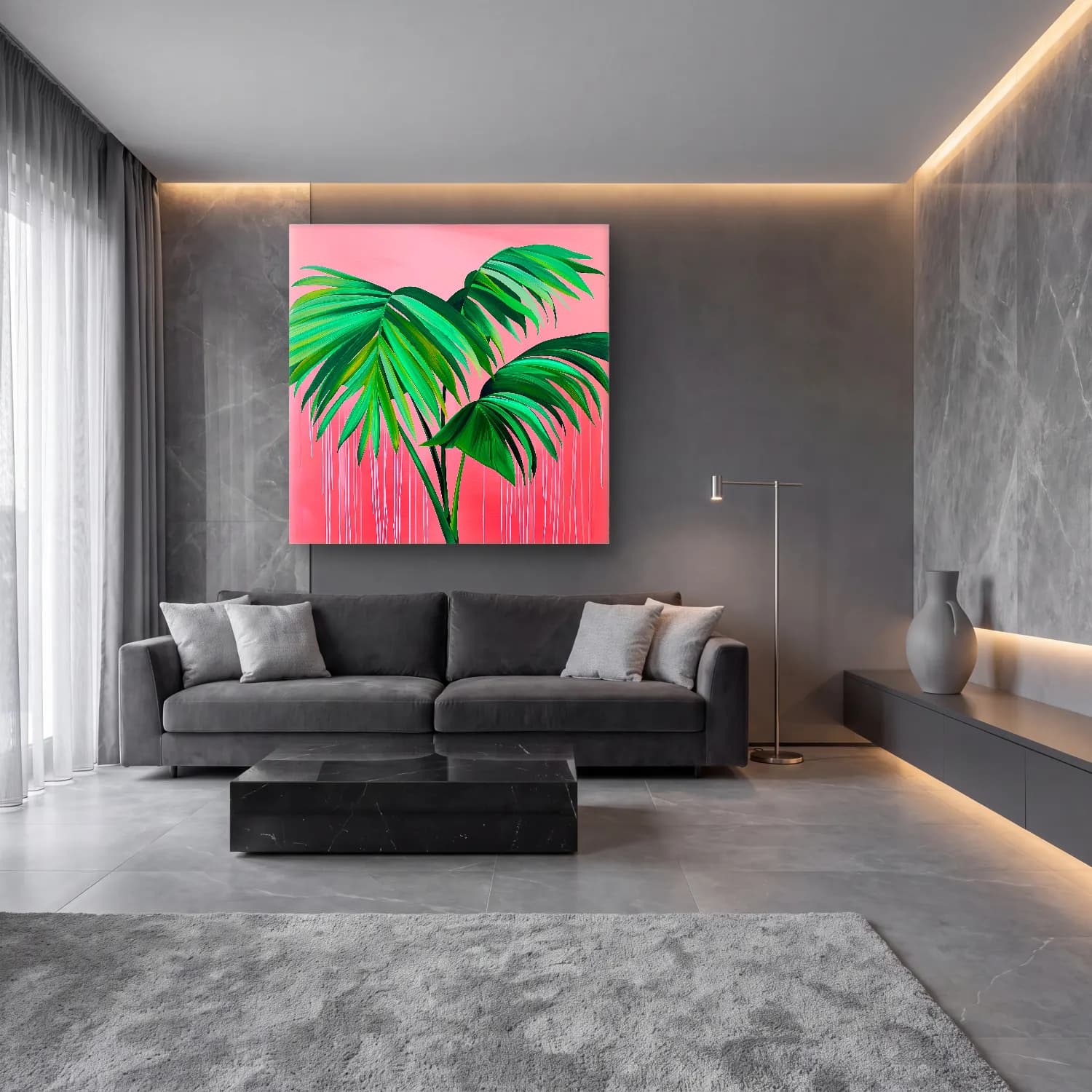 Pastel Palmiye Yaprağı No. 5 cam tablo — lüks salon duvarında
