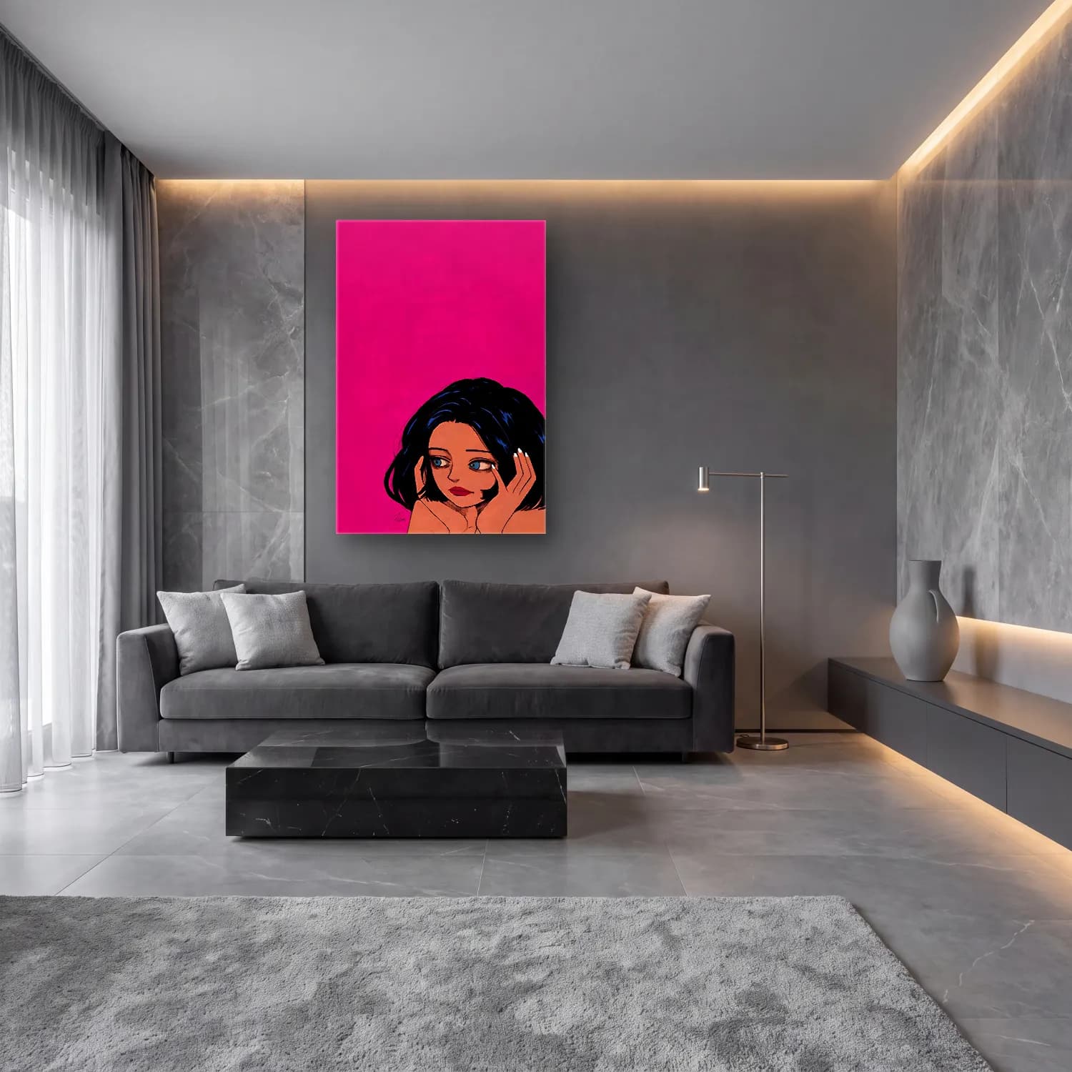 Pop Art Kız Çocuğu Portresi No. 9 cam tablo — lüks salon duvarında