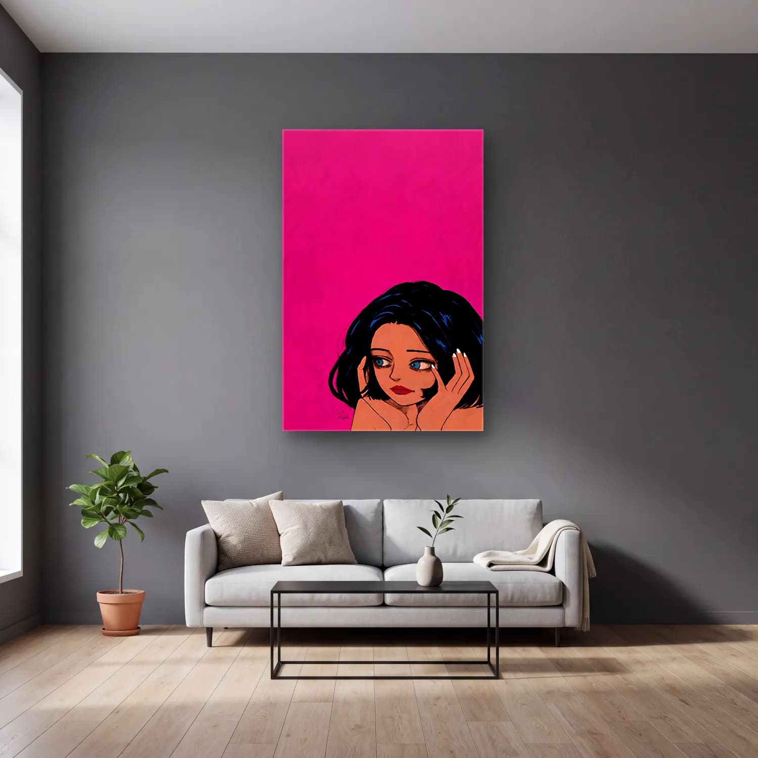 Pop Art Kız Çocuğu Portresi No. 9 cam tablo — gri duvarlı salonda