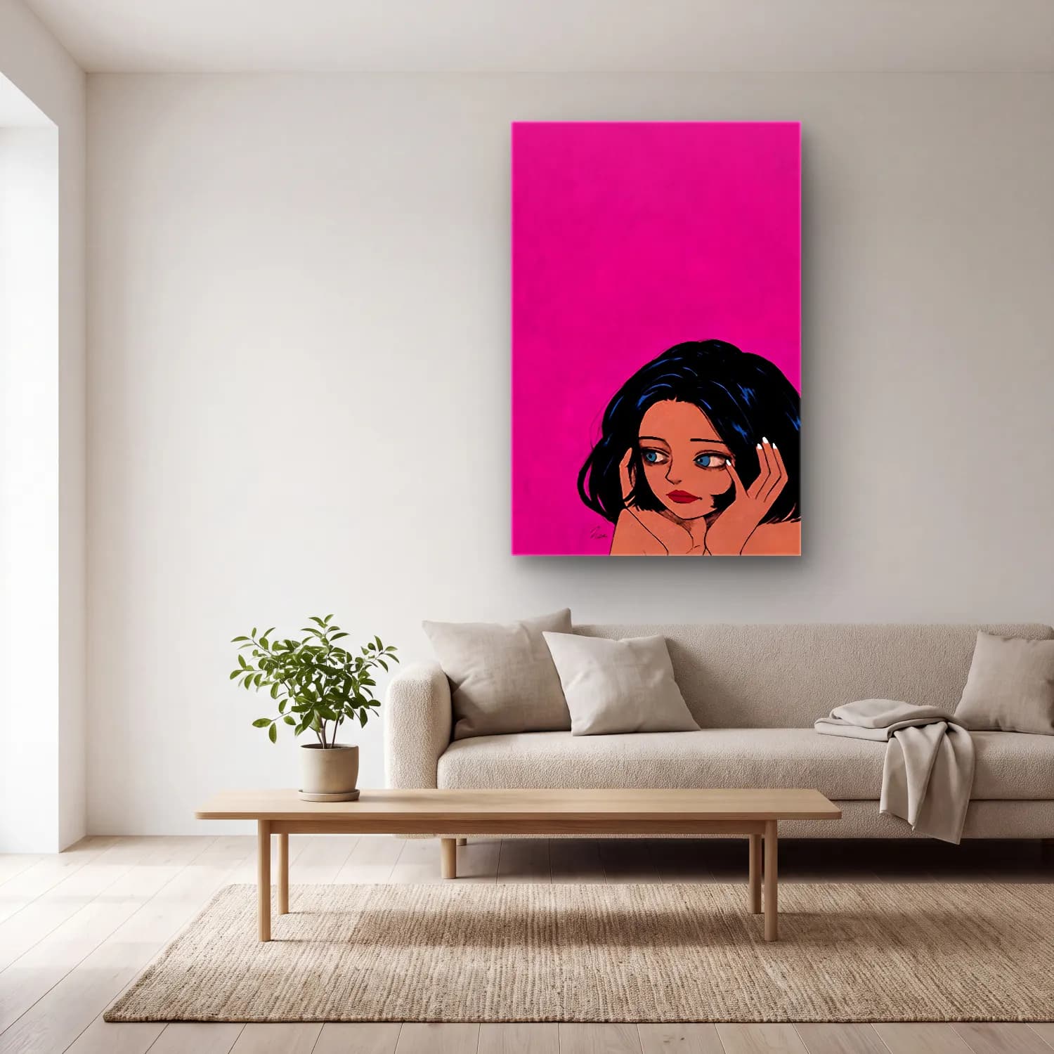 Pop Art Kız Çocuğu Portresi No. 9 cam tablo — açık renk salonda