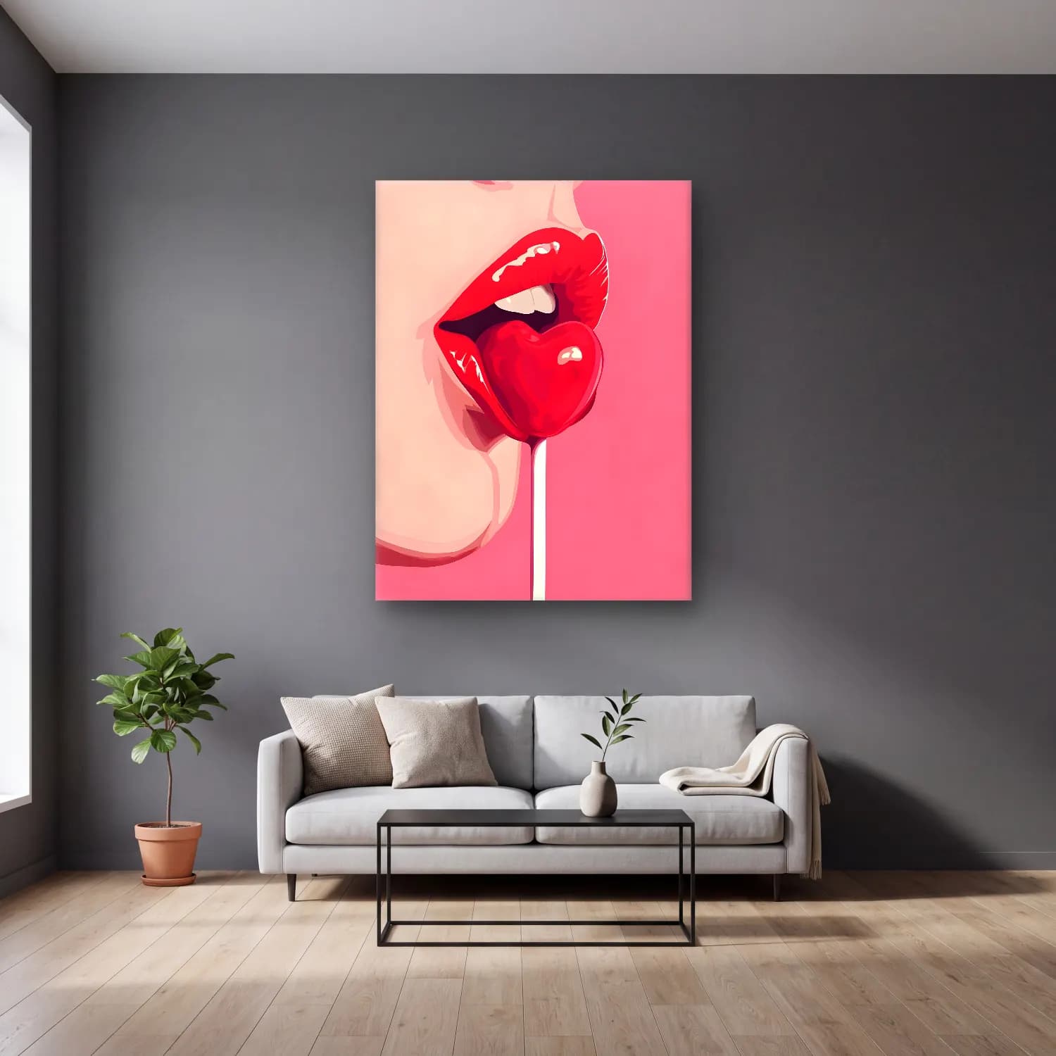 Pop Art Dondurma No. 5 cam tablo — gri duvarlı salonda