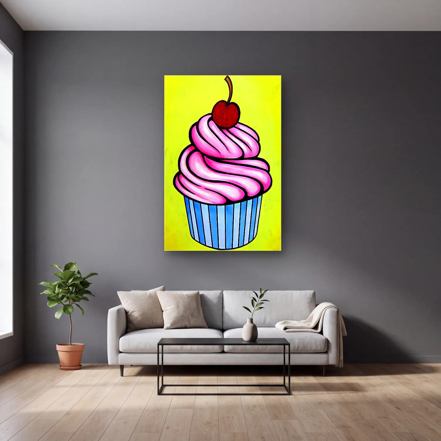 Pop Art Dondurma No. 6 cam tablo — gri duvarlı salonda