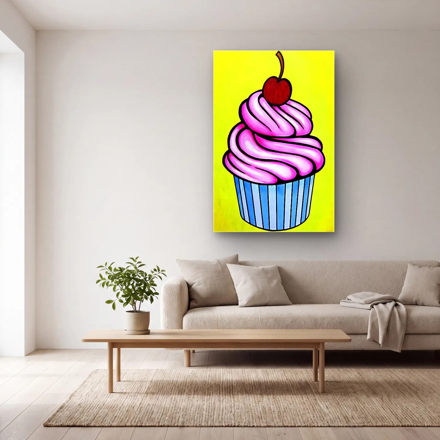 Pop Art Dondurma No. 6 cam tablo — açık renk salonda