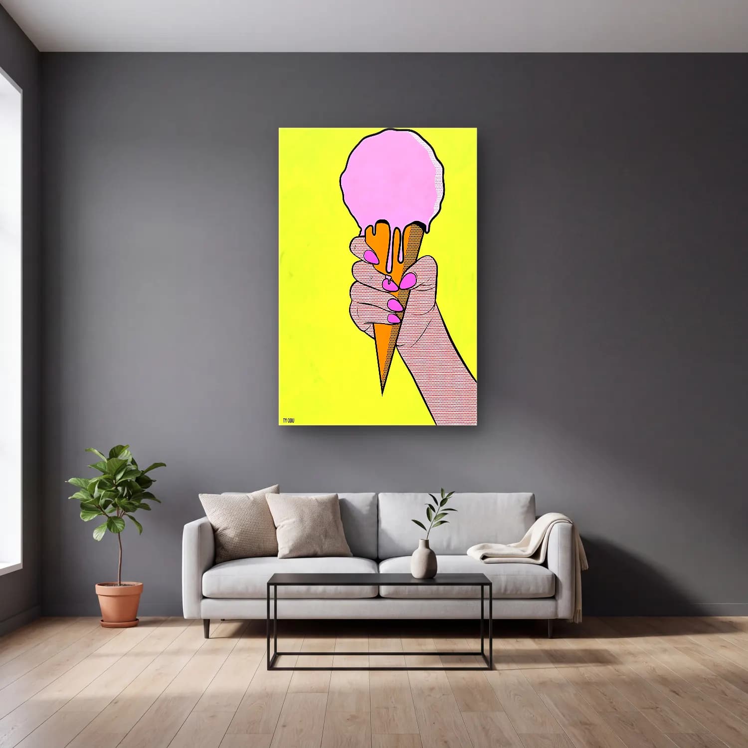 Pop Art Dondurma No. 9 cam tablo — gri duvarlı salonda