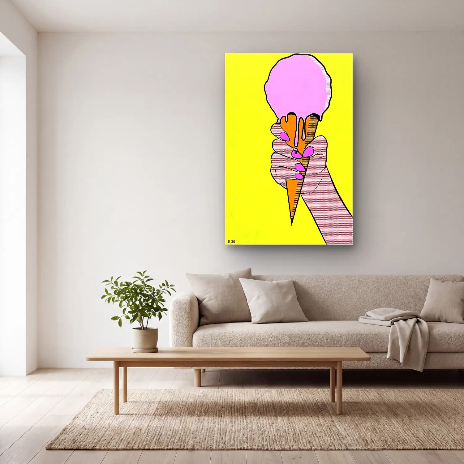 Pop Art Dondurma No. 9 cam tablo — açık renk salonda