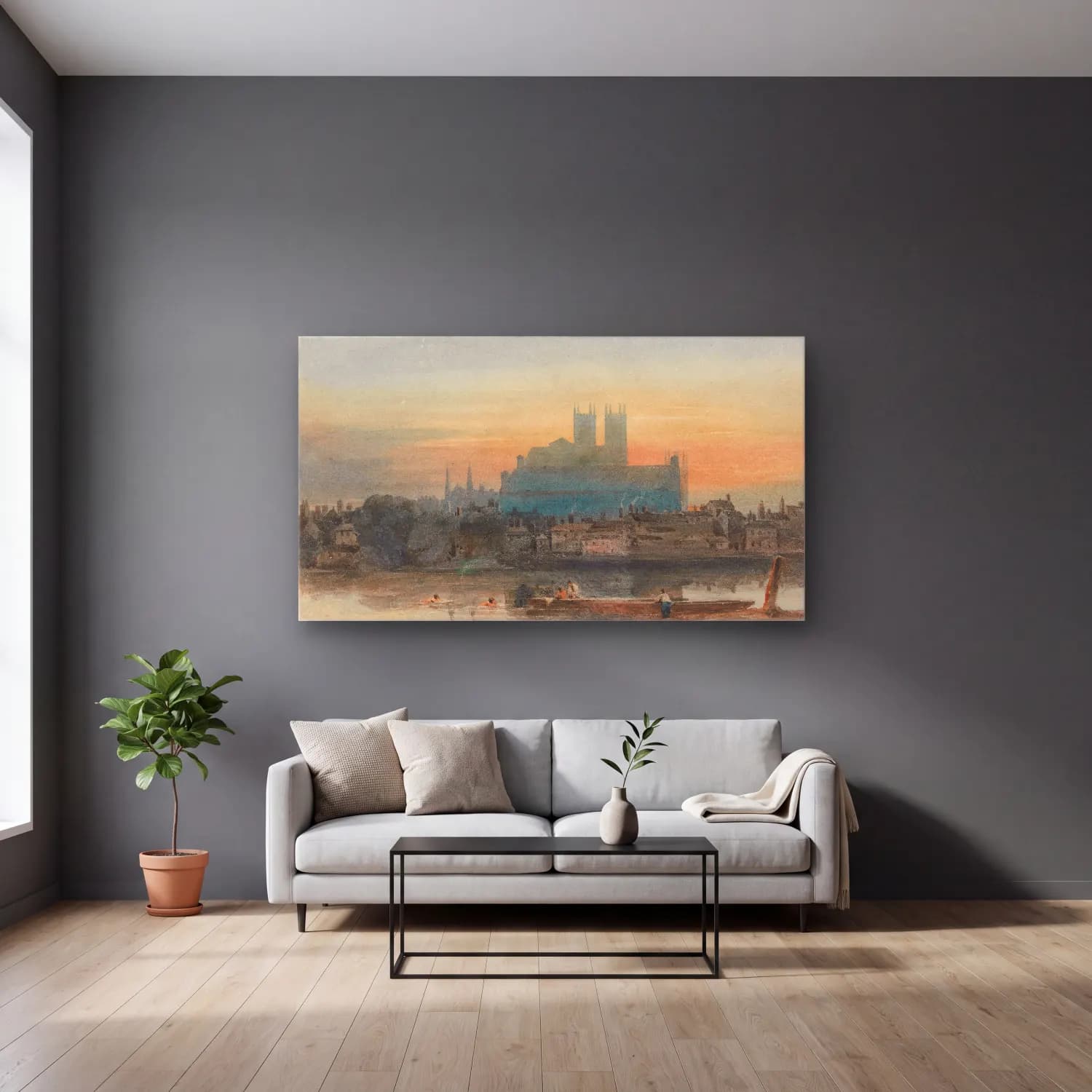 David Cox – Westminster from Lambeth (circa 1813) cam tablo — gri duvarlı salonda