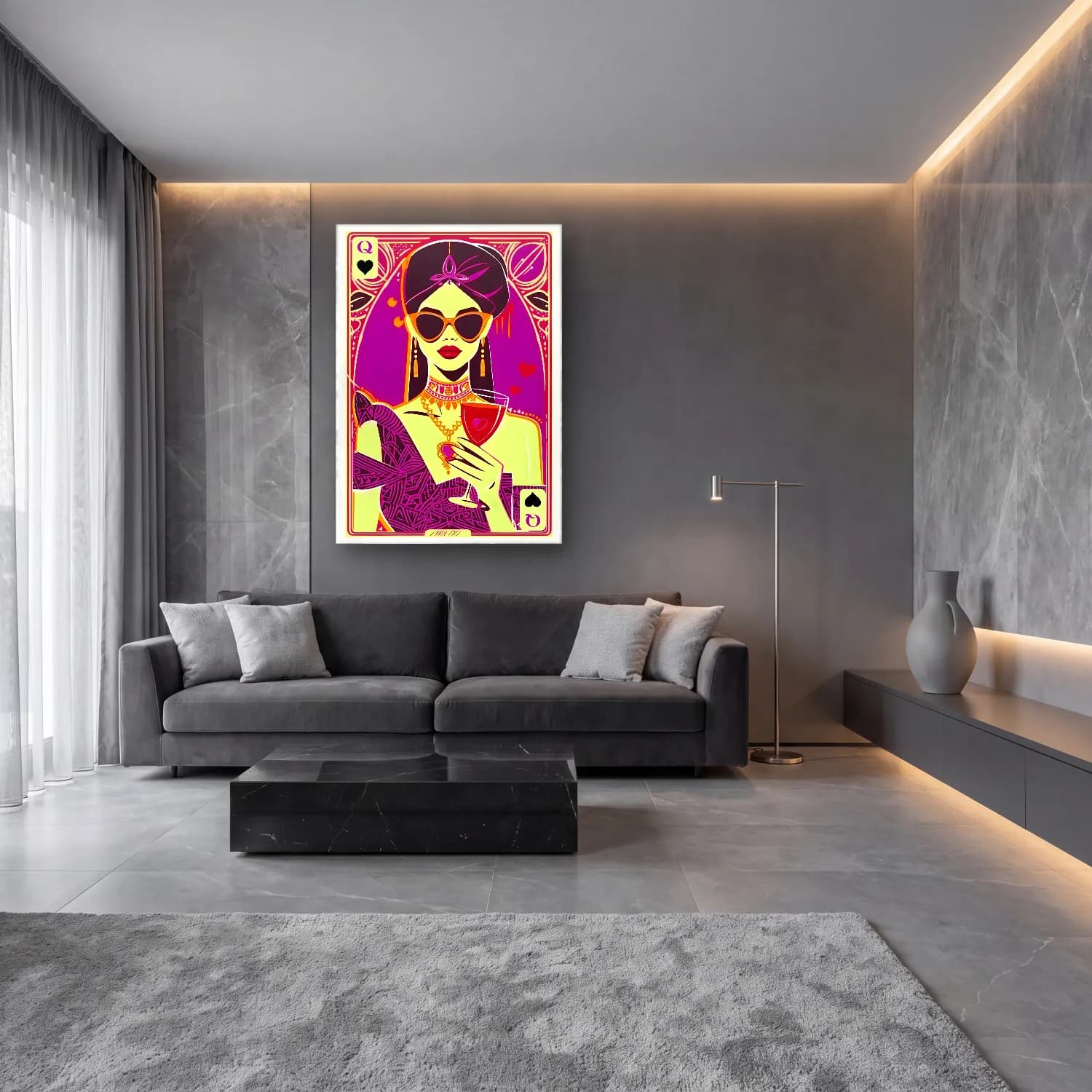 Pop Art Kadeh Şarap cam tablo — lüks salon duvarında