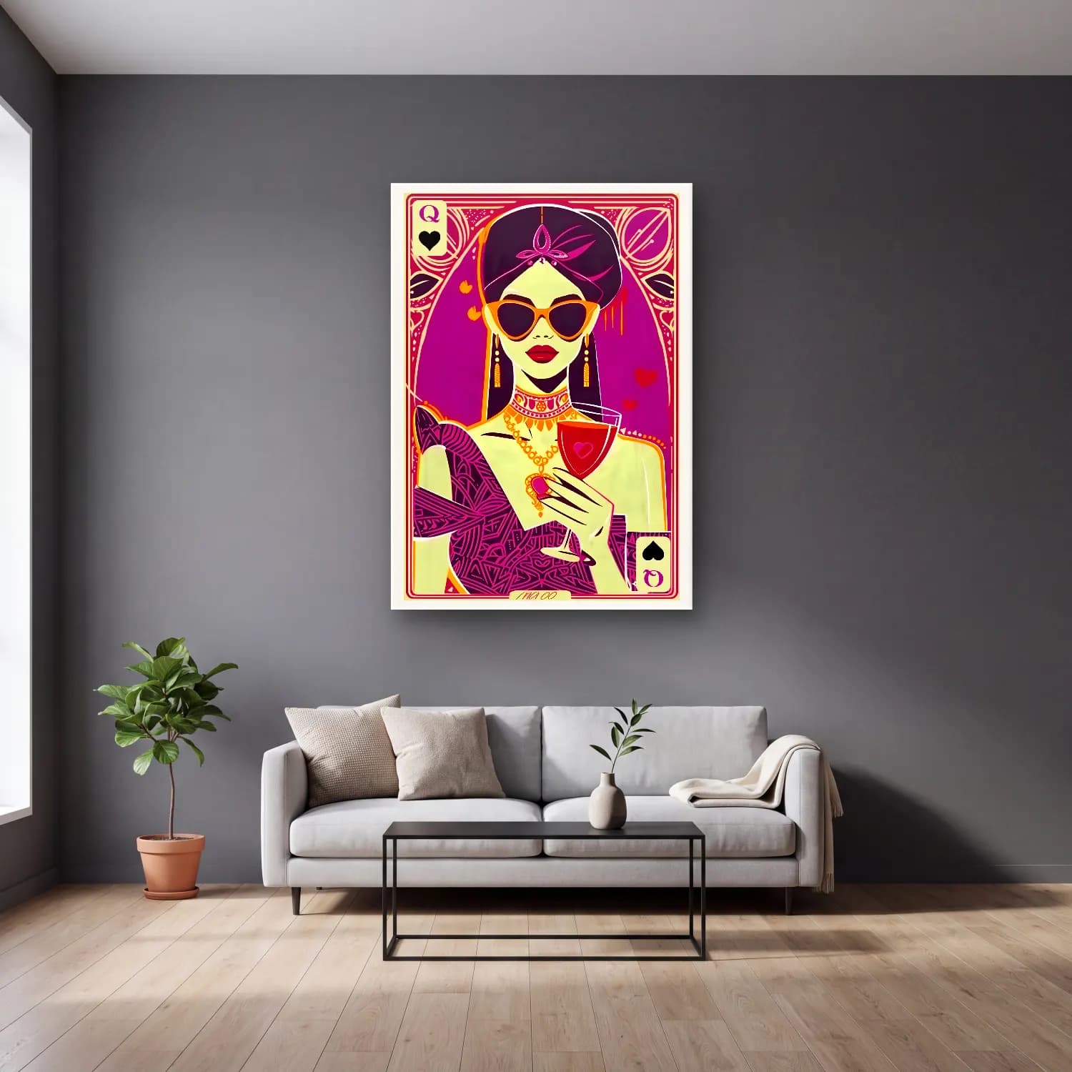 Pop Art Kadeh Şarap cam tablo — gri duvarlı salonda