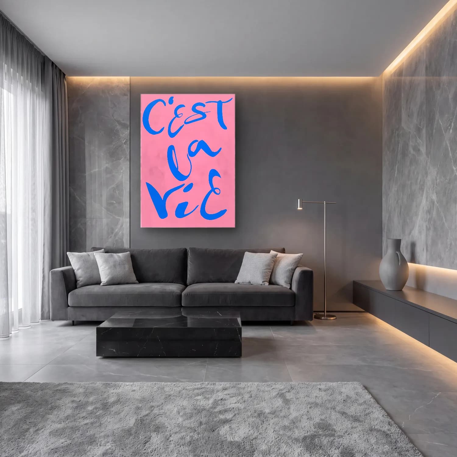 Pastel Yazılı Tasarım No. 103 cam tablo — lüks salon duvarında