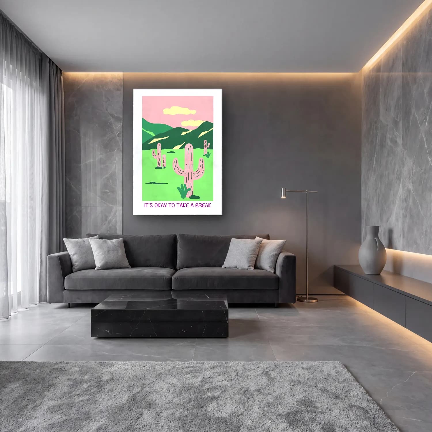 Pastel Kaktüs No. 8 cam tablo — lüks salon duvarında