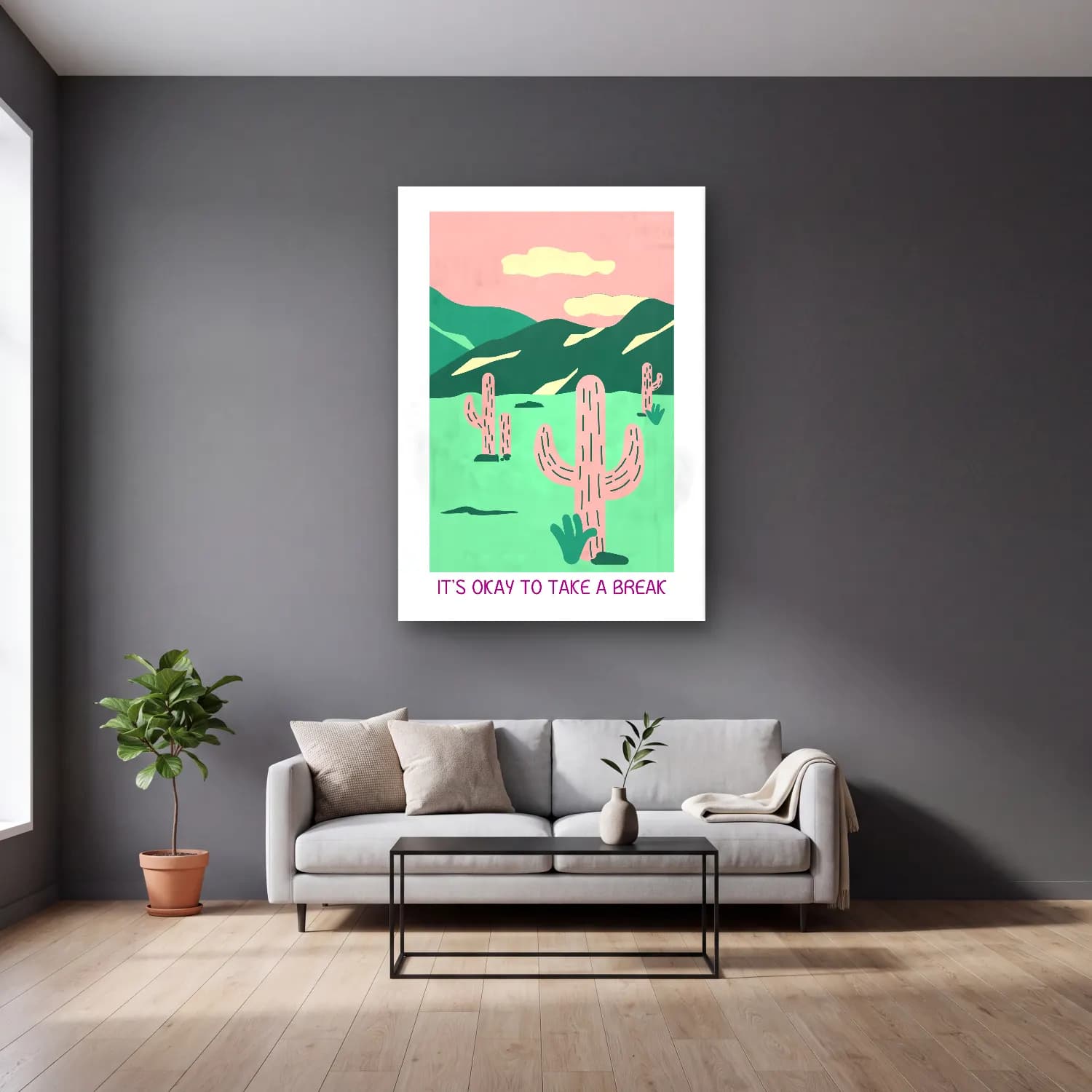 Pastel Kaktüs No. 8 cam tablo — gri duvarlı salonda