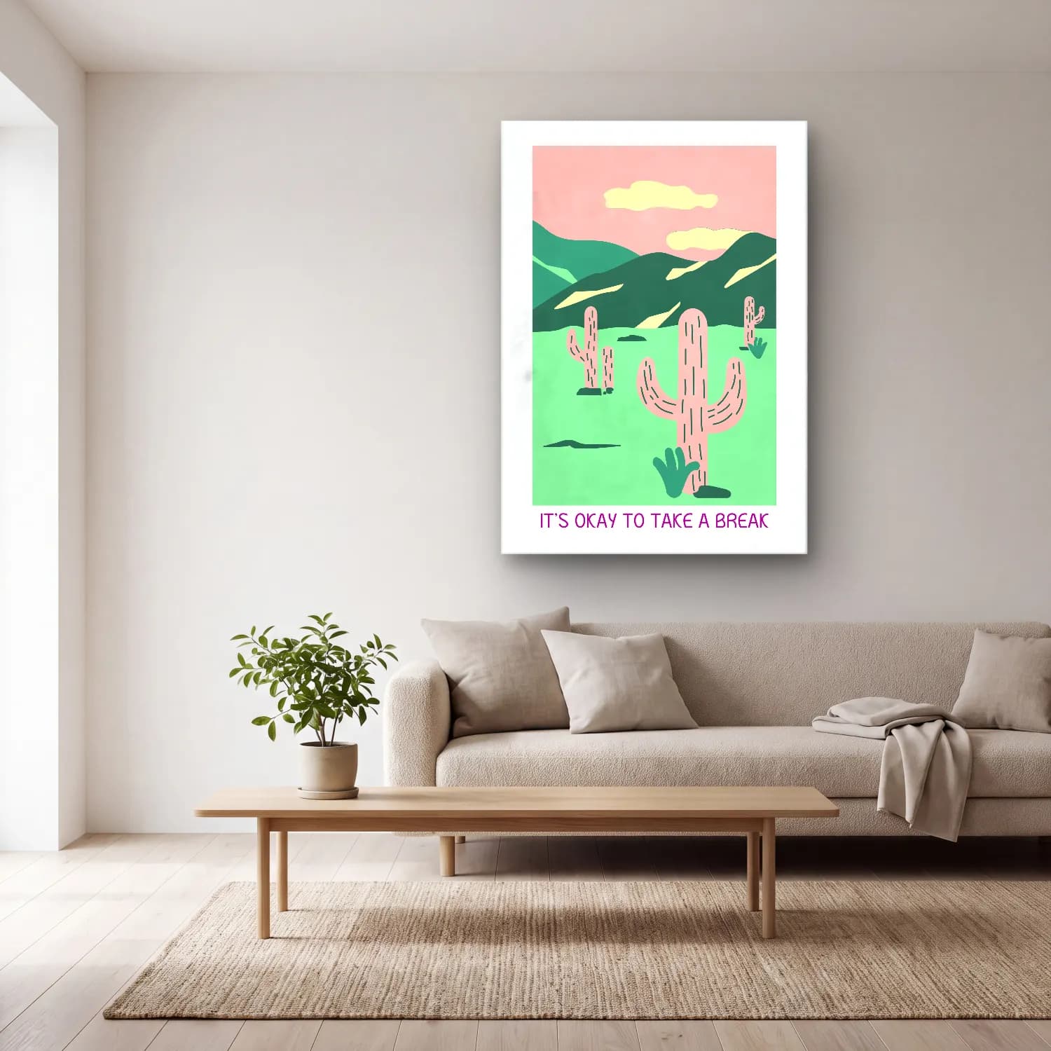 Pastel Kaktüs No. 8 cam tablo — açık renk salonda