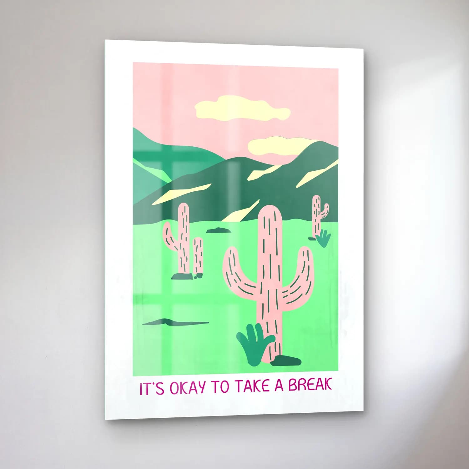 Pastel Kaktüs No. 8 cam tablo — sol açıdan görünüm