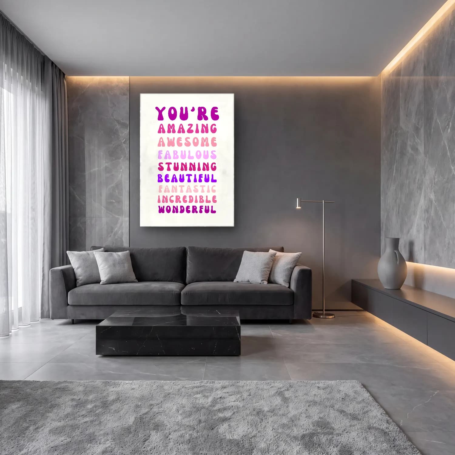 Pastel Yazılı Tasarım No. 104 cam tablo — lüks salon duvarında