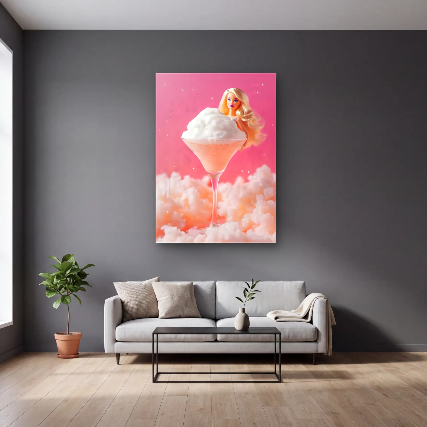 Pastel Kokteyl No. 30 cam tablo — gri duvarlı salonda