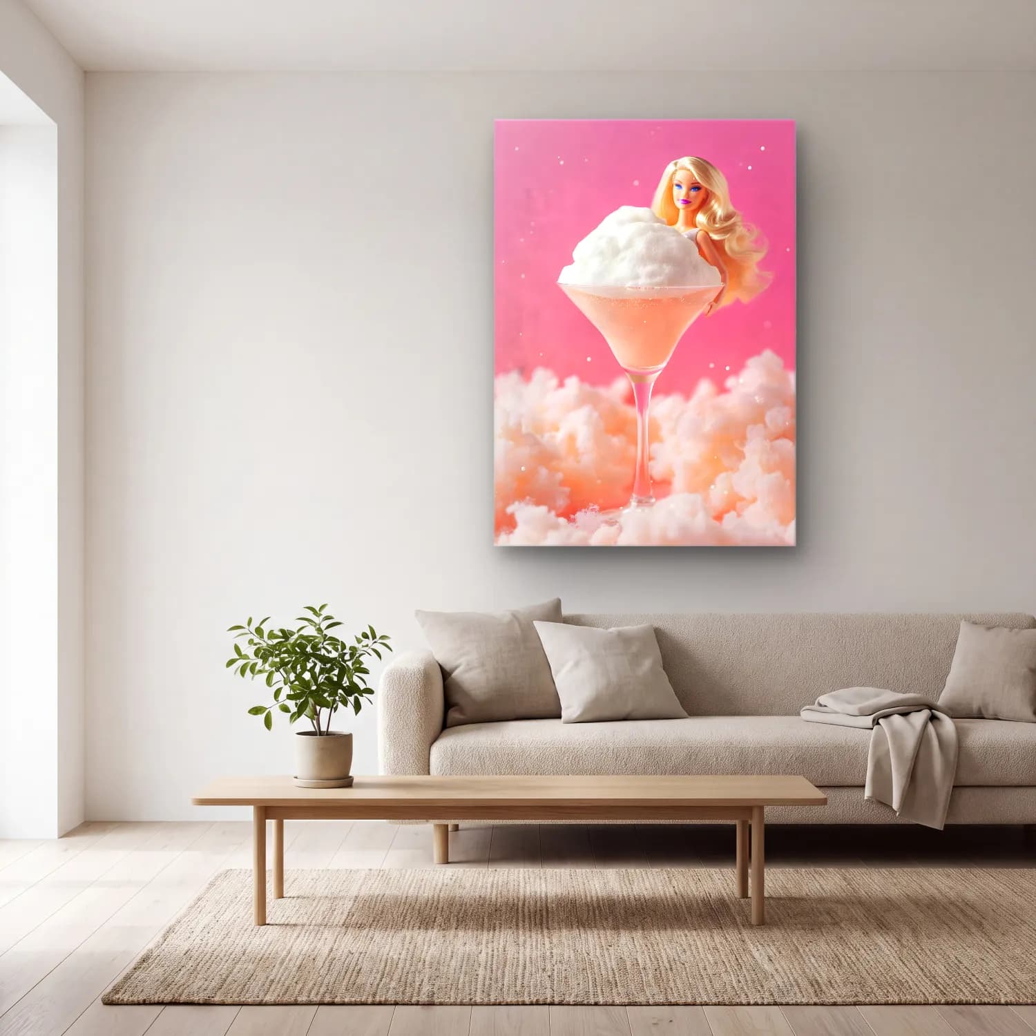 Pastel Kokteyl No. 30 cam tablo — açık renk salonda