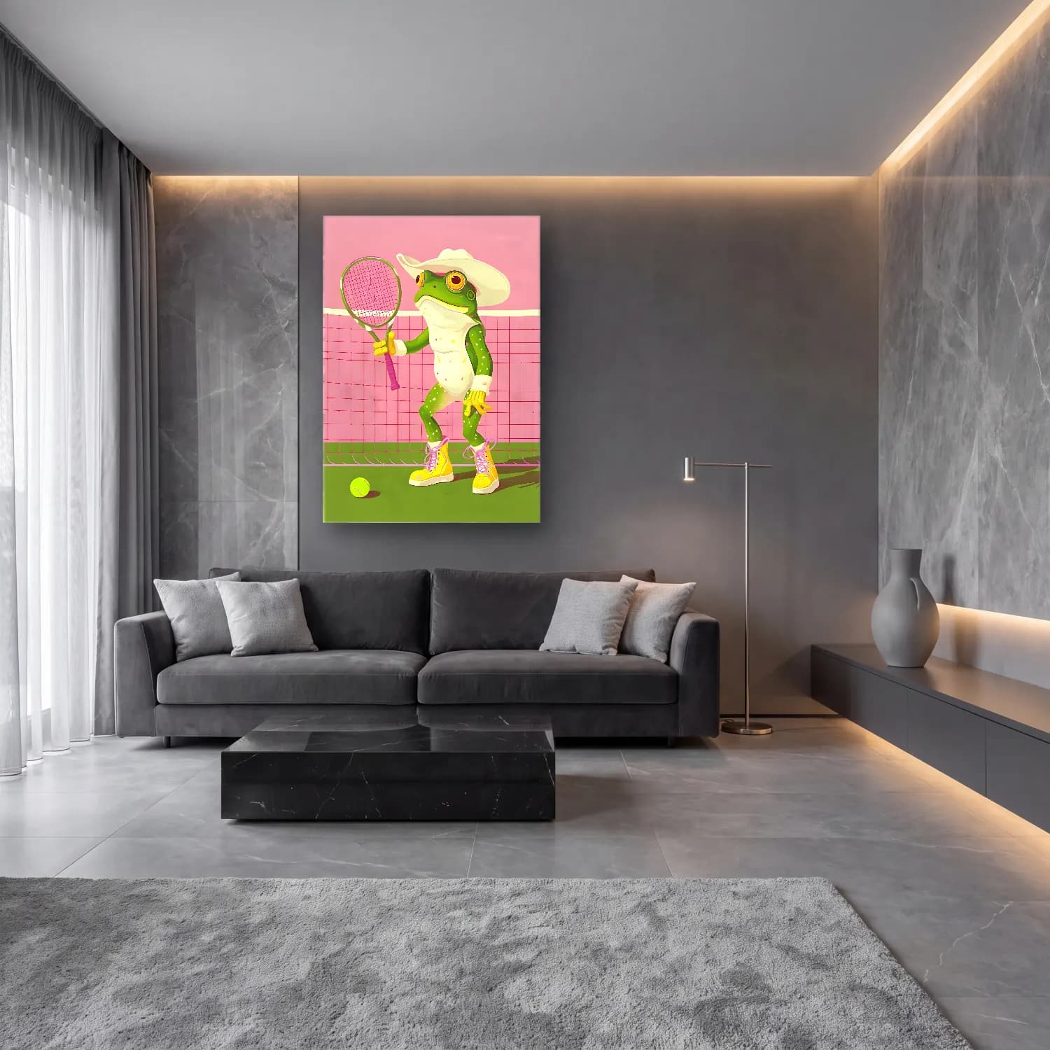 Sevimli İllüstrasyon Tenis No. 3 cam tablo — lüks salon duvarında