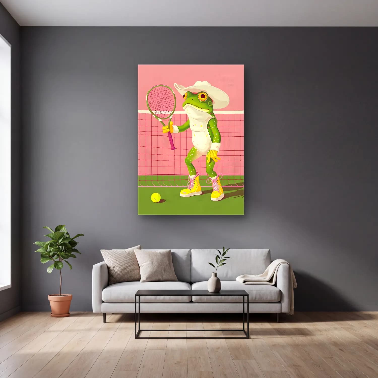 Sevimli İllüstrasyon Tenis No. 3 cam tablo — gri duvarlı salonda