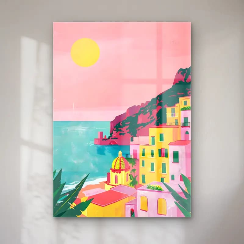 Pastel Akdeniz Sahil Kasabası No. 3 cam tablo — Pastel Akdeniz Sahil Kasabası No. 3 — pastel akdeniz sahil kasabası