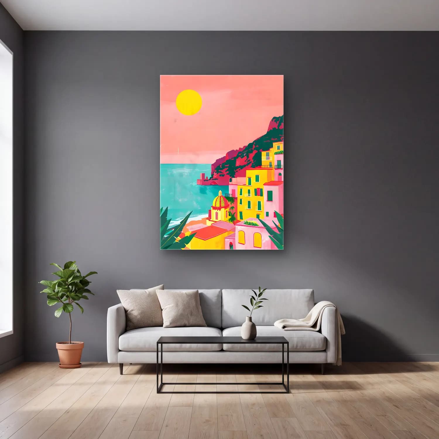 Pastel Akdeniz Sahil Kasabası No. 3 cam tablo — gri duvarlı salonda