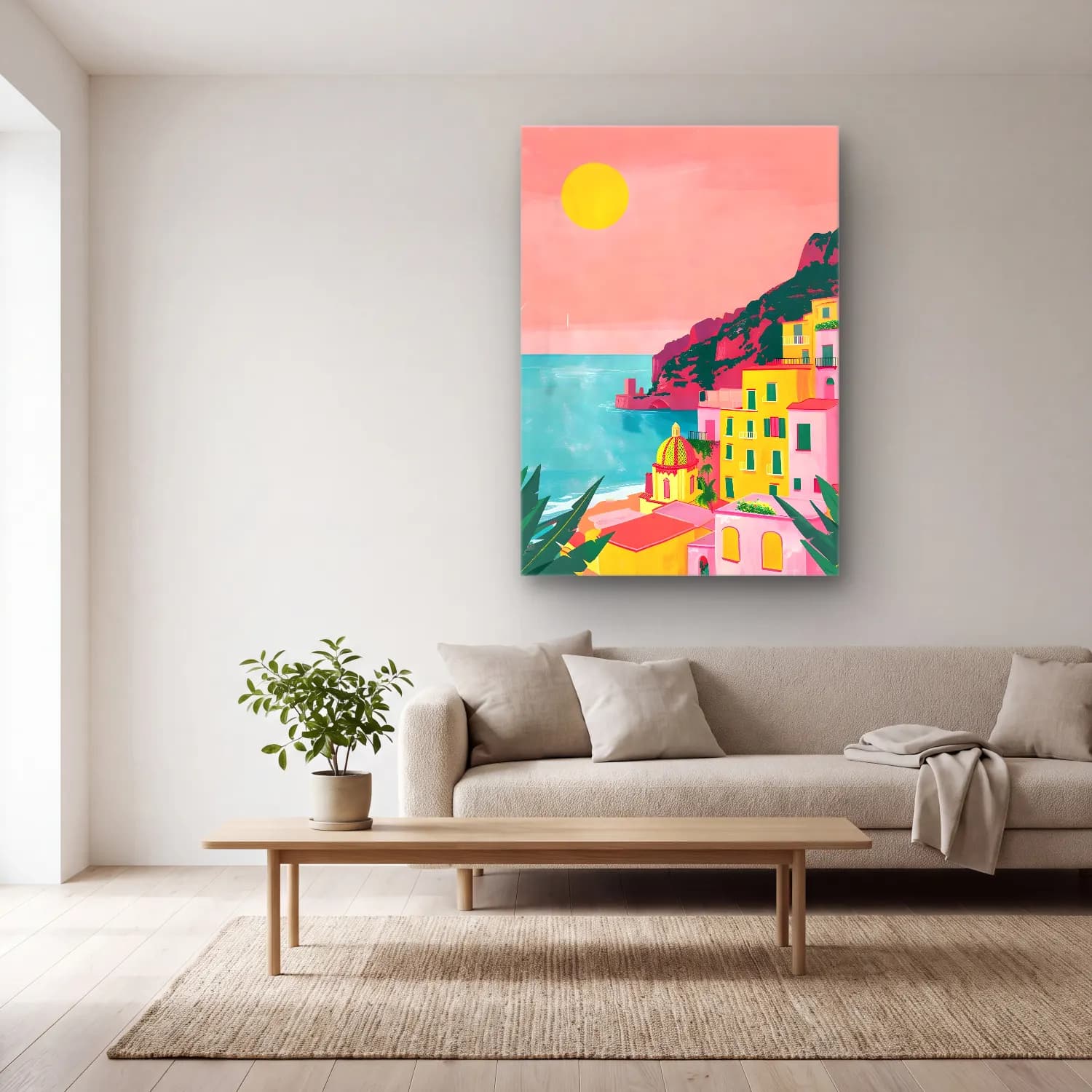 Pastel Akdeniz Sahil Kasabası No. 3 cam tablo — açık renk salonda