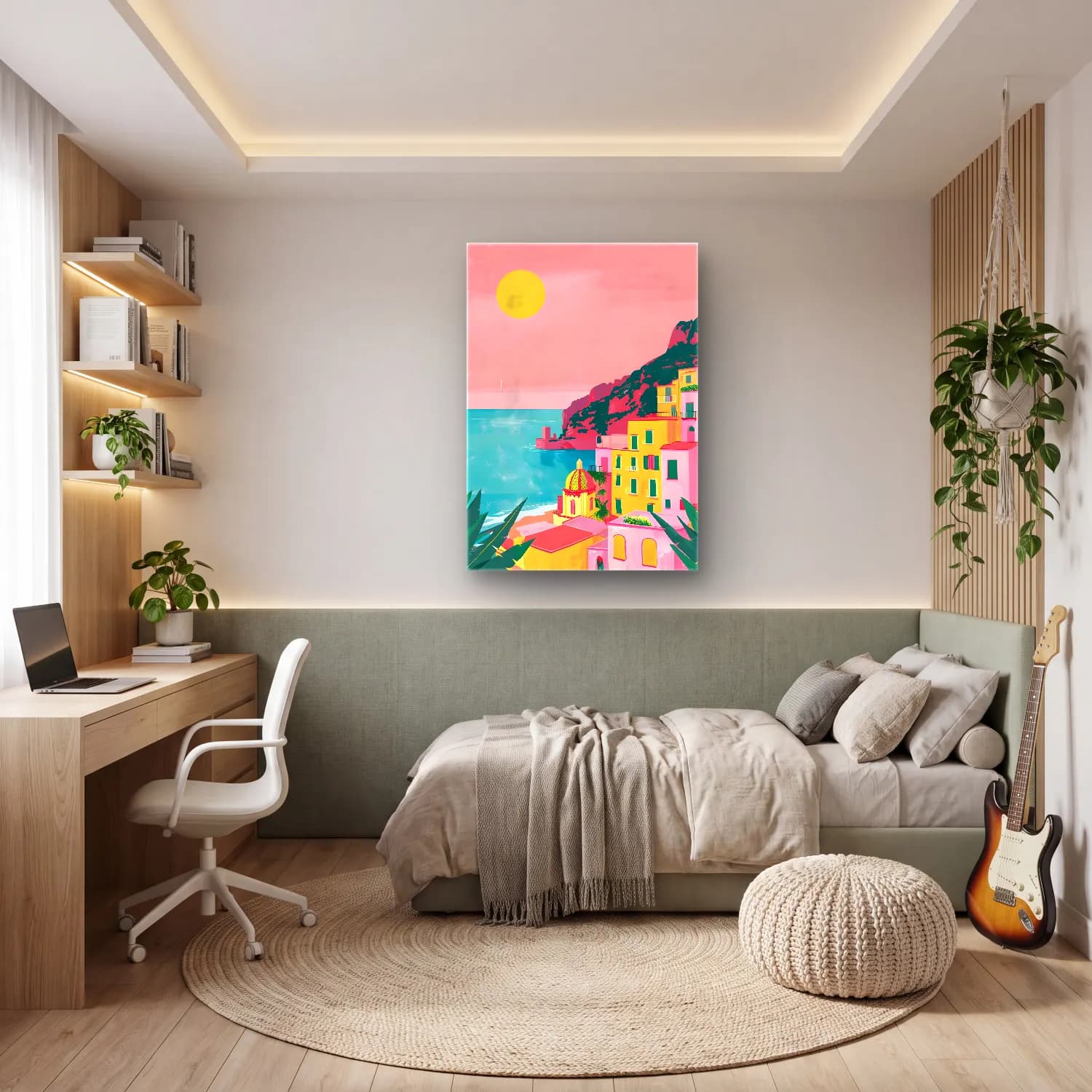 Pastel Akdeniz Sahil Kasabası No. 3 cam tablo — genç odasında