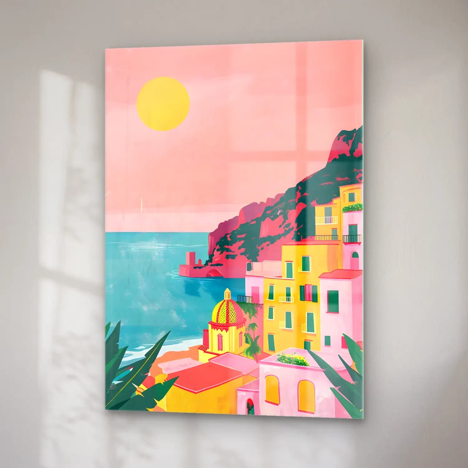 Pastel Akdeniz Sahil Kasabası No. 3 cam tablo — sağ açıdan görünüm
