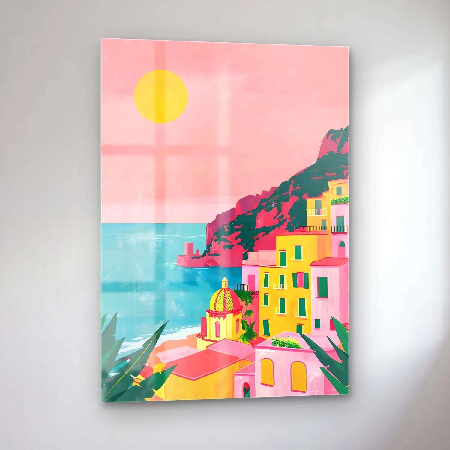 Pastel Akdeniz Sahil Kasabası No. 3 cam tablo — sol açıdan görünüm