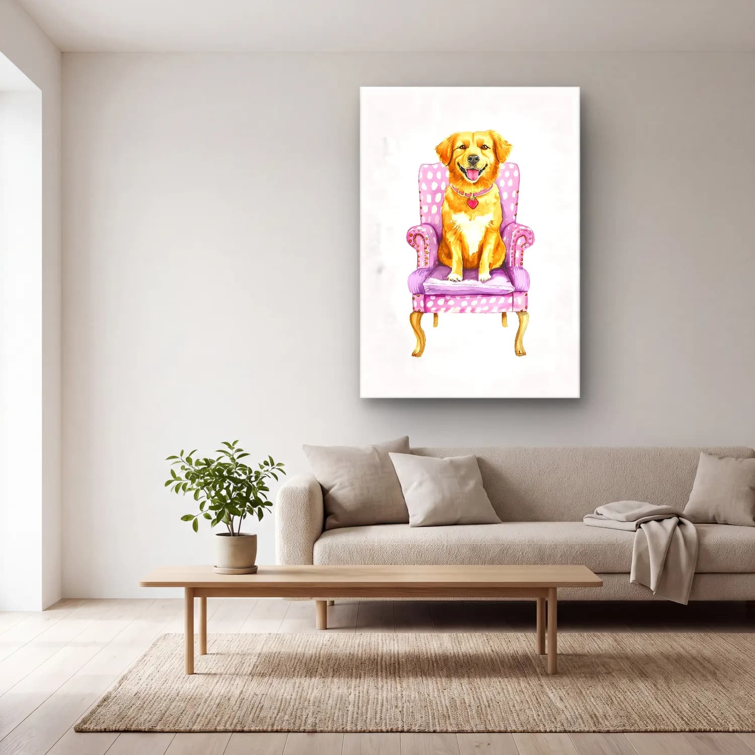 Sevimli İllüstrasyon Köpek No. 17 cam tablo — açık renk salonda