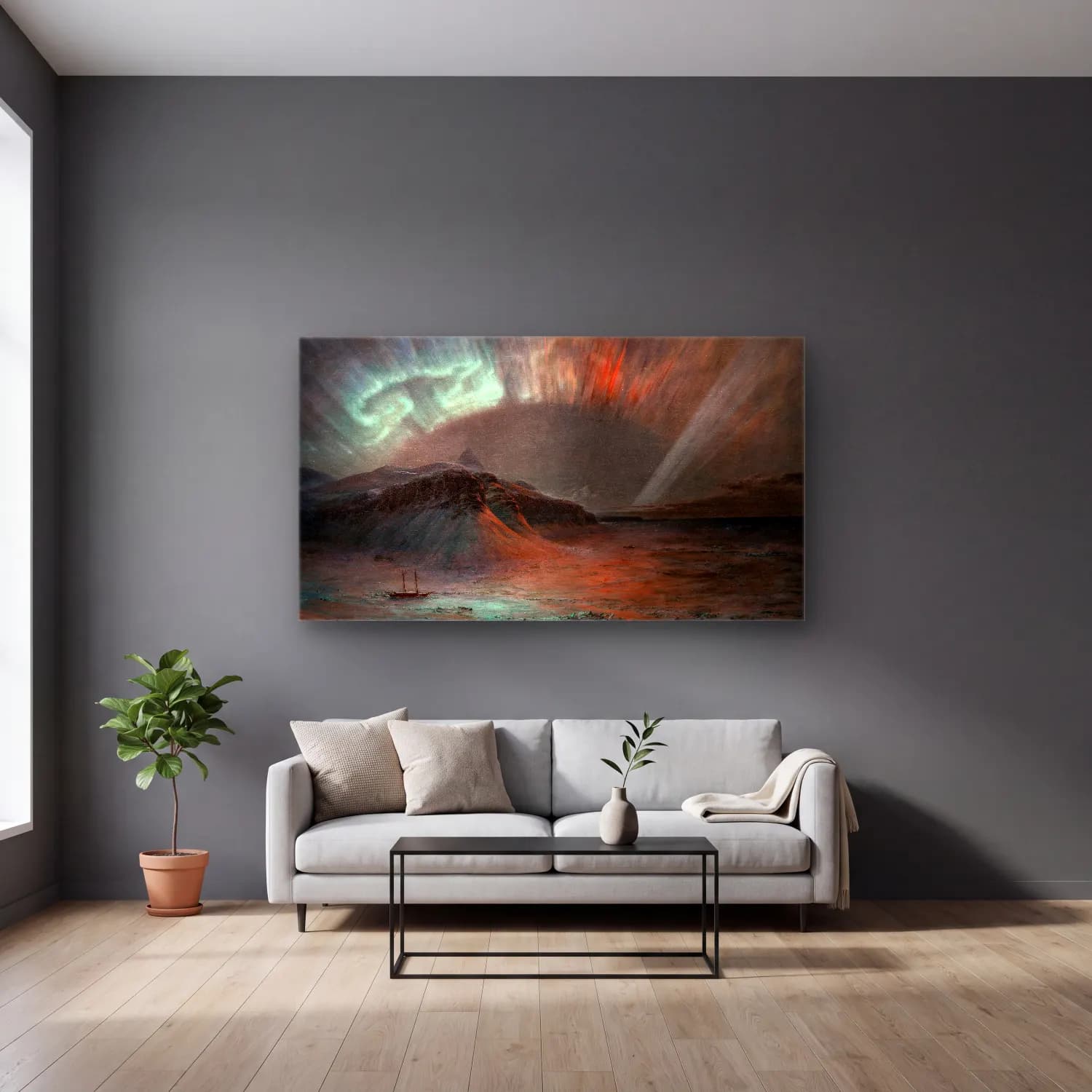Frederic Edwin Church – Aurora Borealis cam tablo — gri duvarlı salonda