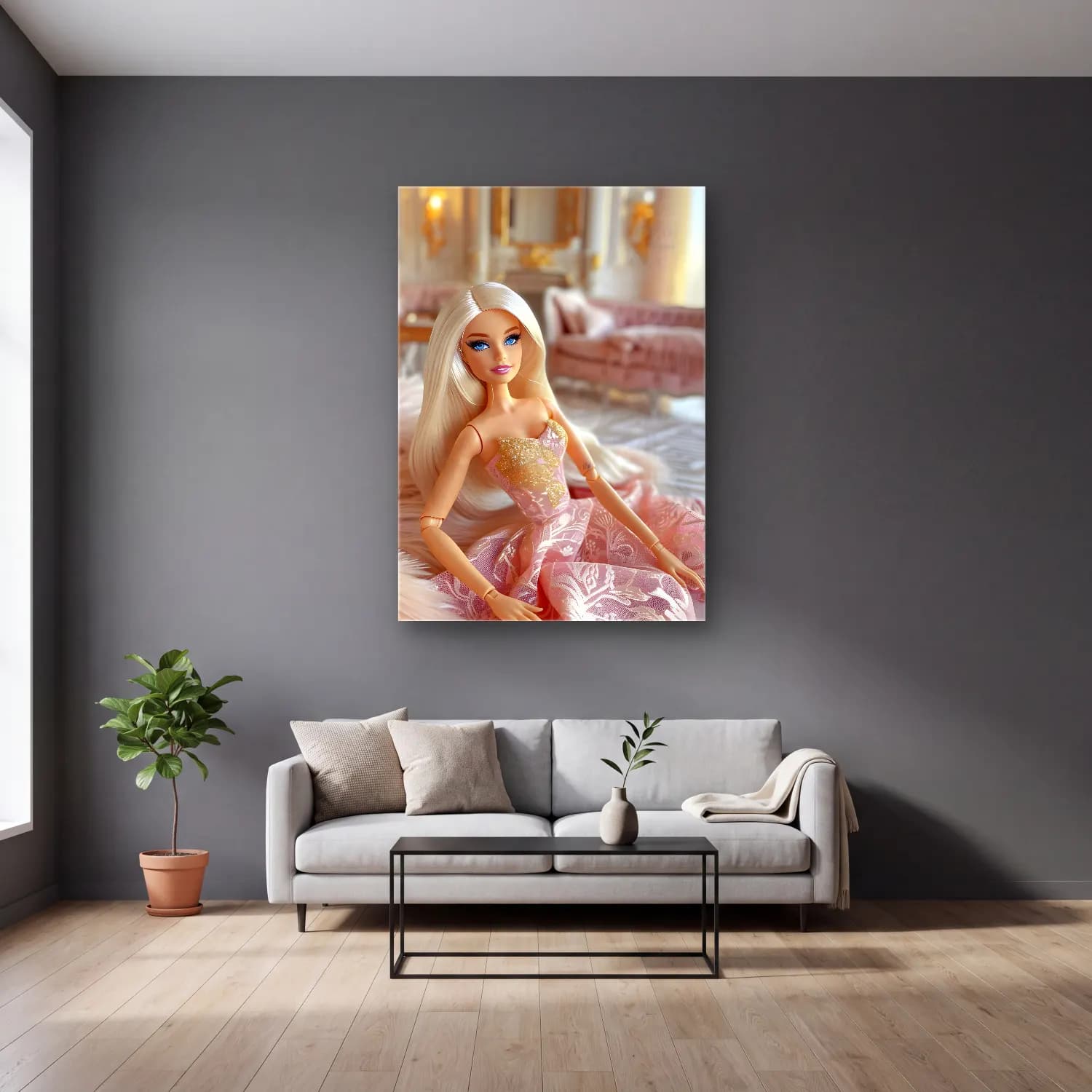 Pastel Moda İllüstrasyonu No. 15 cam tablo — gri duvarlı salonda