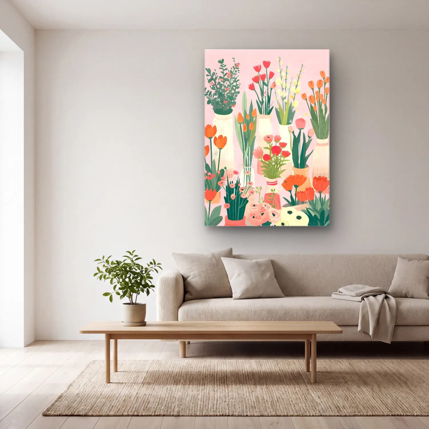 Pastel Çiçek Pazarı No. 4 cam tablo — açık renk salonda
