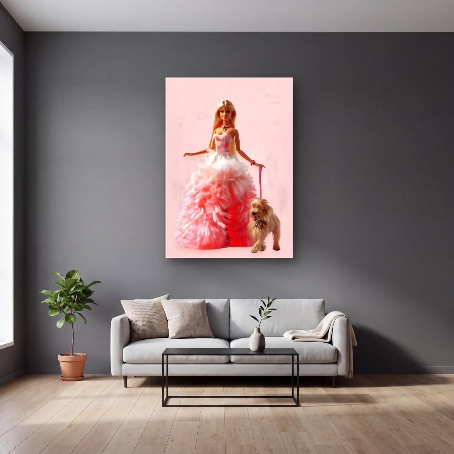Pastel Moda İllüstrasyonu No. 16 cam tablo — gri duvarlı salonda