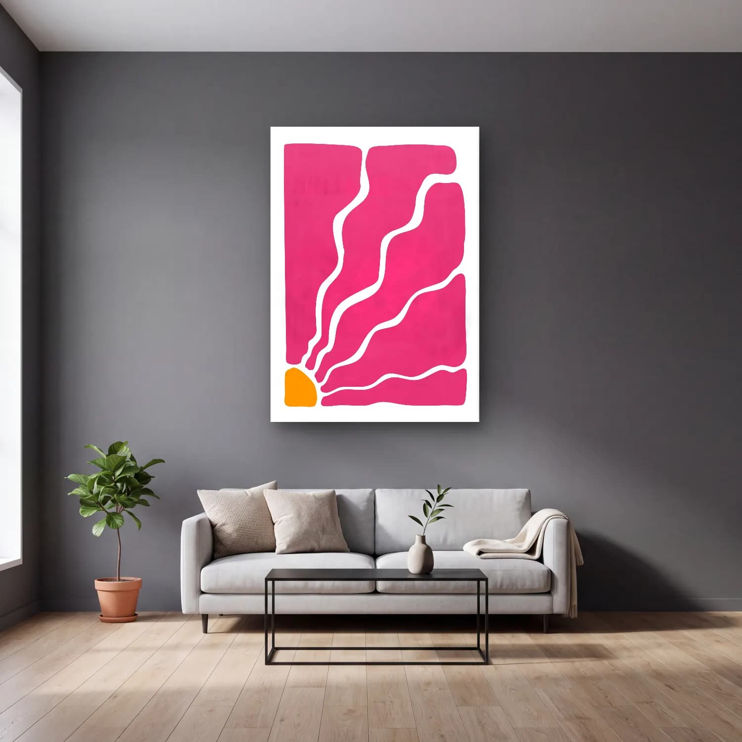 Pastel Dalgalı Çizgiler No. 6 cam tablo — gri duvarlı salonda