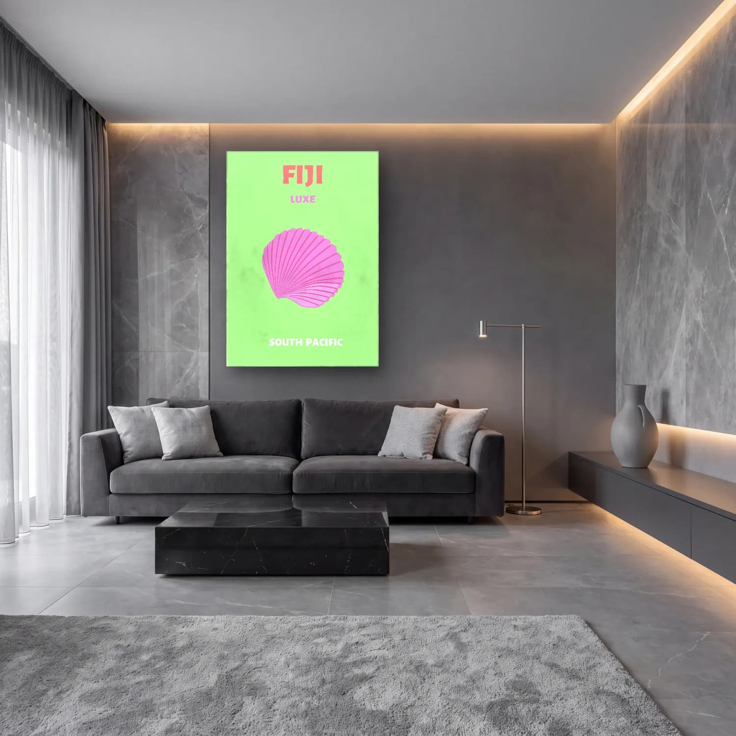Pastel Deniz Kabukları No. 30 cam tablo — lüks salon duvarında