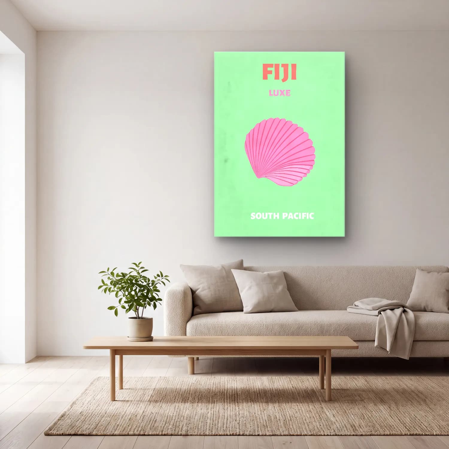 Pastel Deniz Kabukları No. 30 cam tablo — açık renk salonda