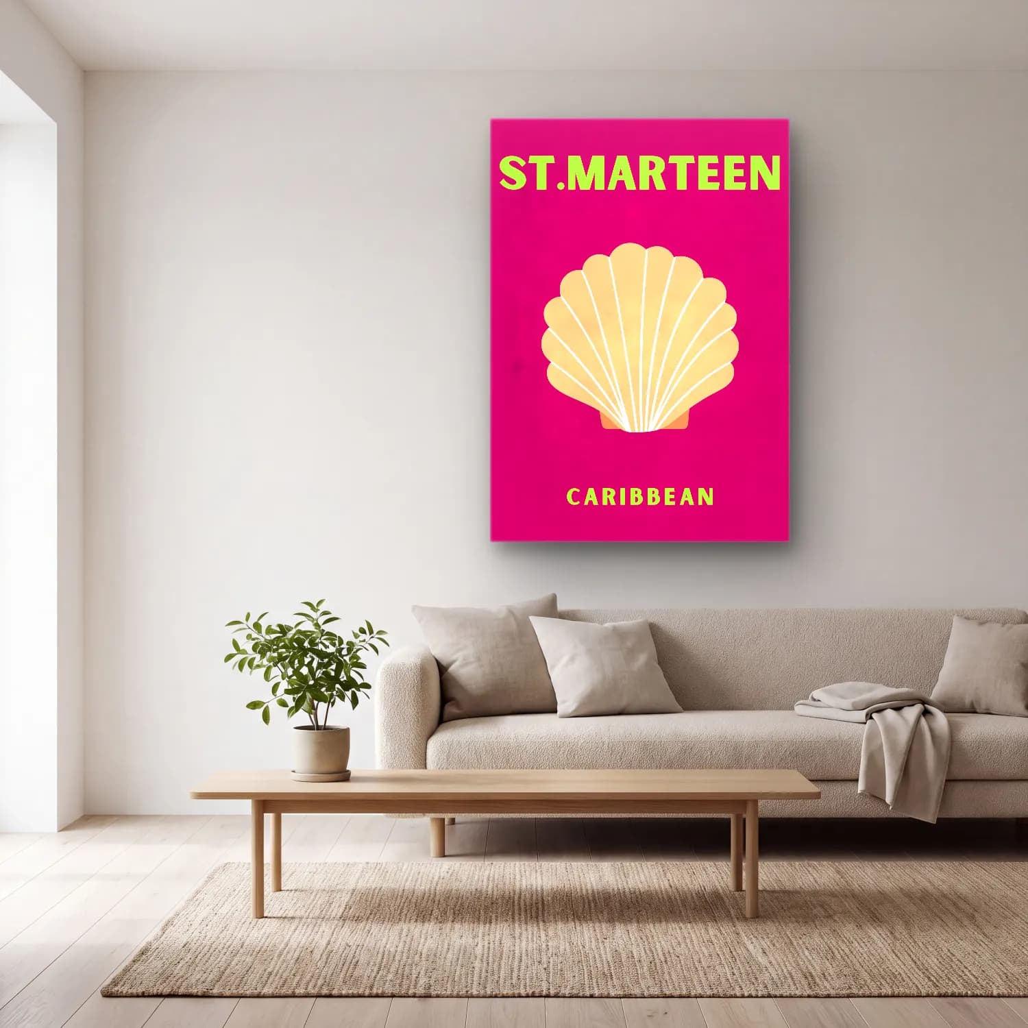 Vintage Poster Deniz Kabukları cam tablo — açık renk salonda