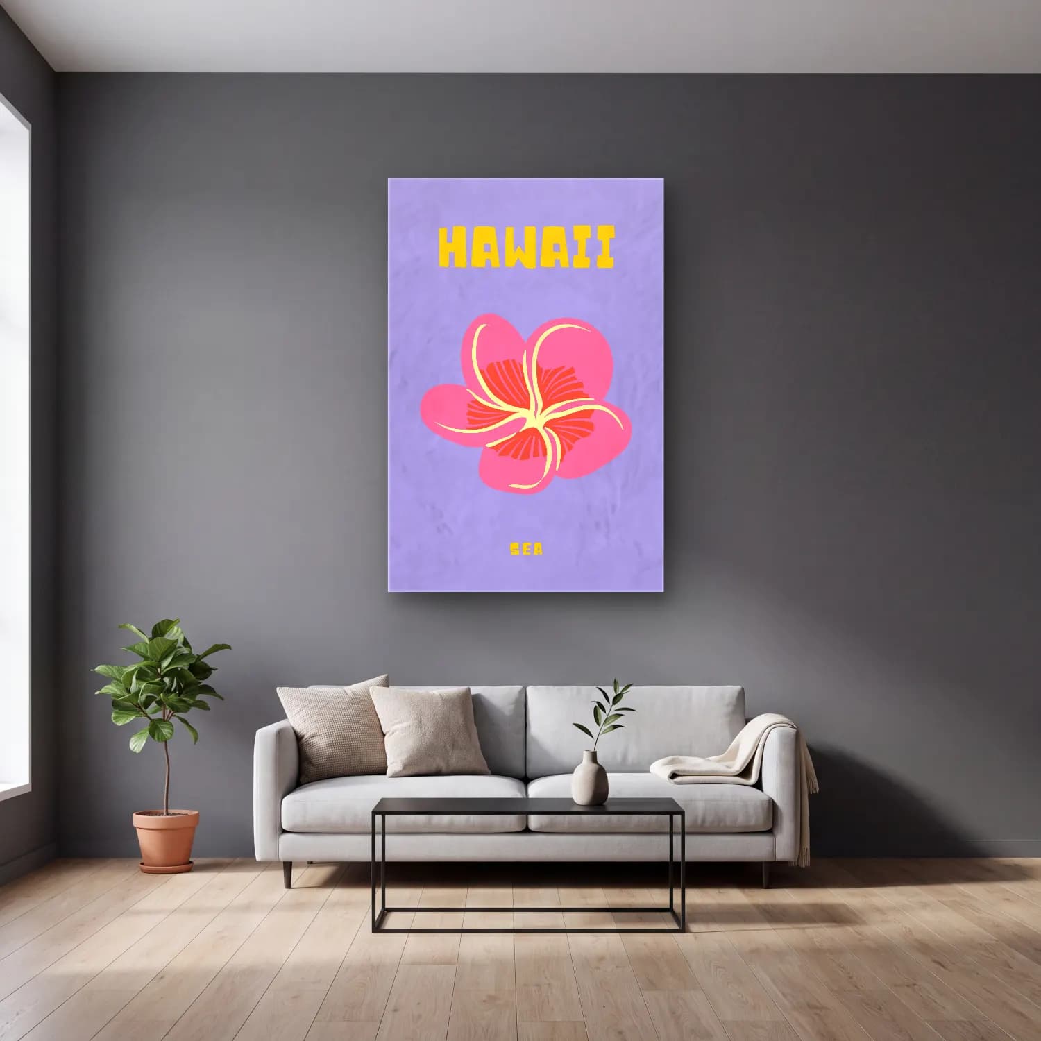 Pastel Çiçek Deseni No. 211 cam tablo — gri duvarlı salonda