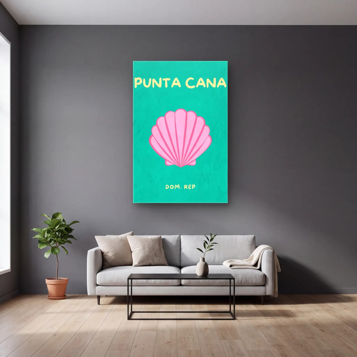 Pastel Deniz Kabukları No. 36 cam tablo — gri duvarlı salonda