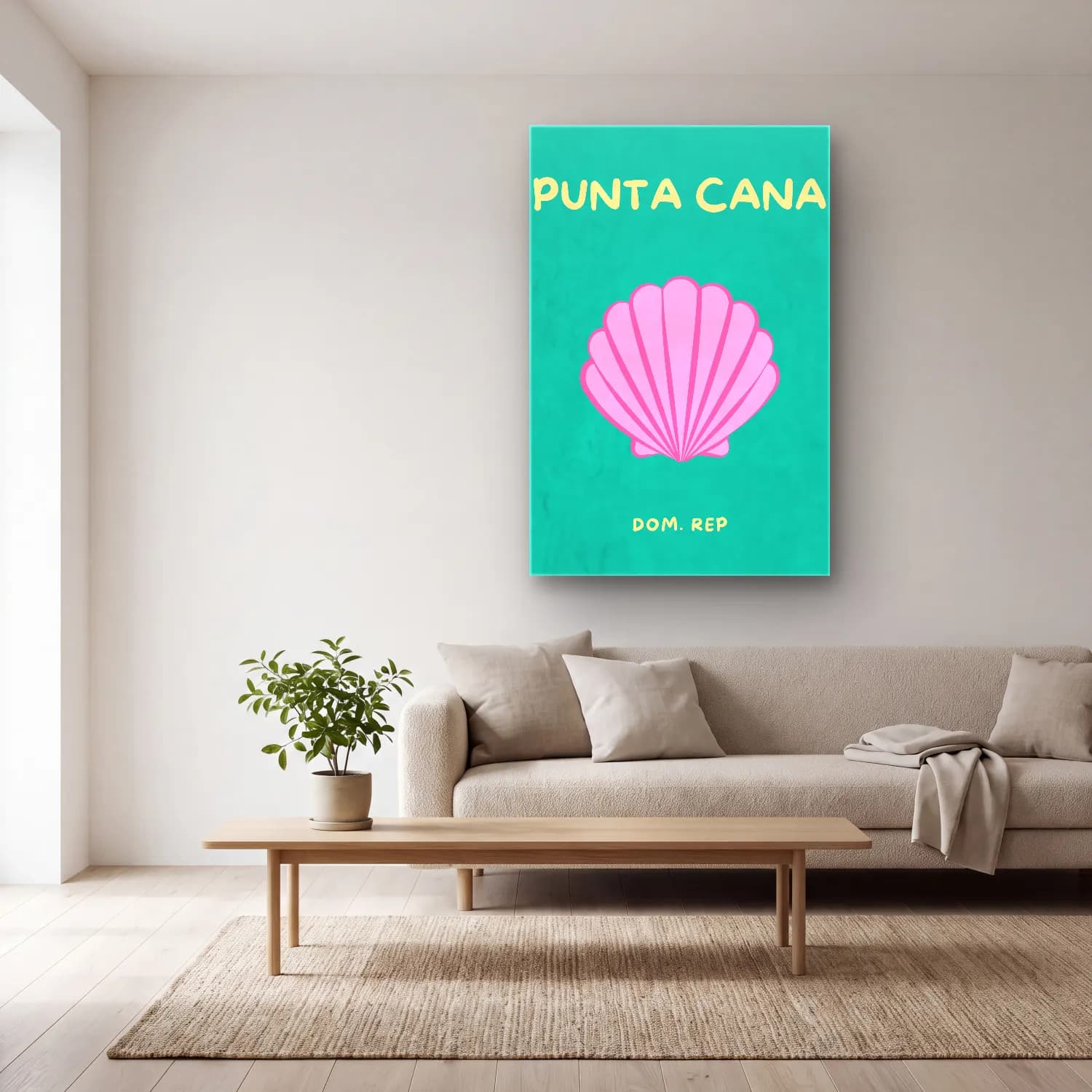 Pastel Deniz Kabukları No. 36 cam tablo — açık renk salonda