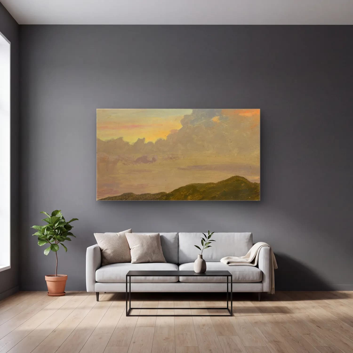 Frederic Edwin Church – Hilltop and Clouds cam tablo — gri duvarlı salonda