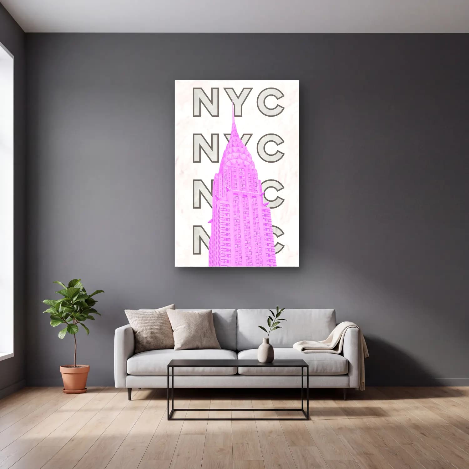 Pastel New York Silüeti No. 4 cam tablo — gri duvarlı salonda